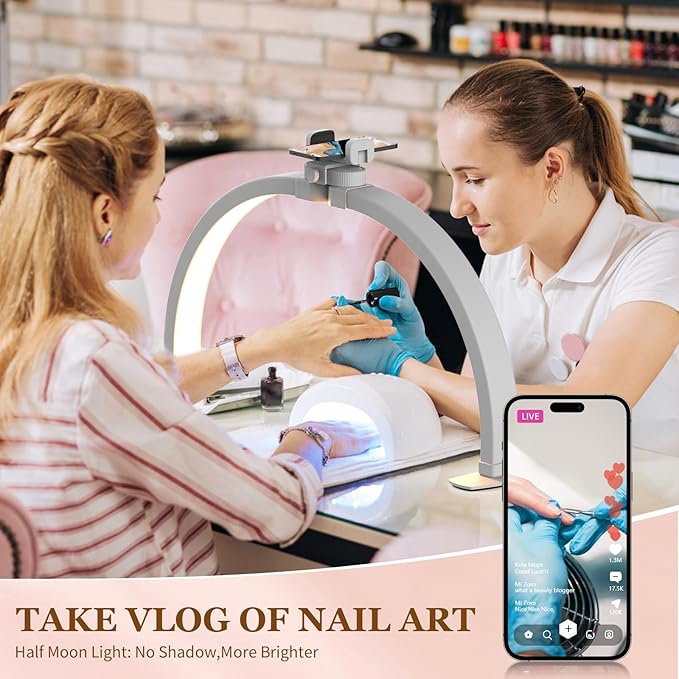 Evershop Half Moon Light for Nail Desk with Phone Holder,Portable LED Ring Light for Video Recording with Overhead Phone Mount,Nail Table Lamp for Photography,YouTube,Tiktok,Pinterest,Instagram