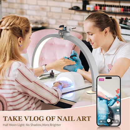 Evershop Half Moon Light for Nail Desk with Phone Holder,Portable LED Ring Light for Video Recording with Overhead Phone Mount,Nail Table Lamp for Photography,YouTube,Tiktok,Pinterest,Instagram