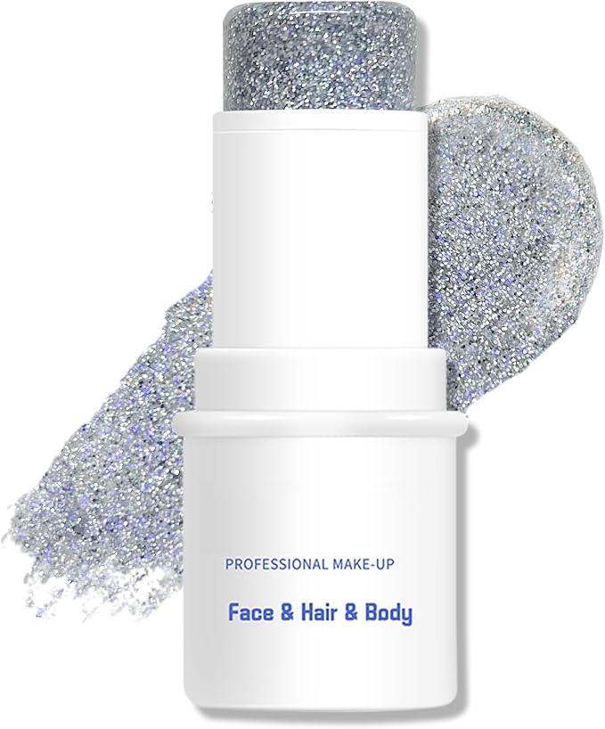 Body Glitter Stick, Chunky Glitter Gel for Face Body Hair, Face Glitter Gel Makeup, Sparkling Holographic Mermaid Sequins Paint, Waterproof Multiuse Makeup Glitter Face Paint, 06#Silver