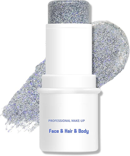 Body Glitter Stick, Chunky Glitter Gel for Face Body Hair, Face Glitter Gel Makeup, Sparkling Holographic Mermaid Sequins Paint, Waterproof Multiuse Makeup Glitter Face Paint, 06#Silver