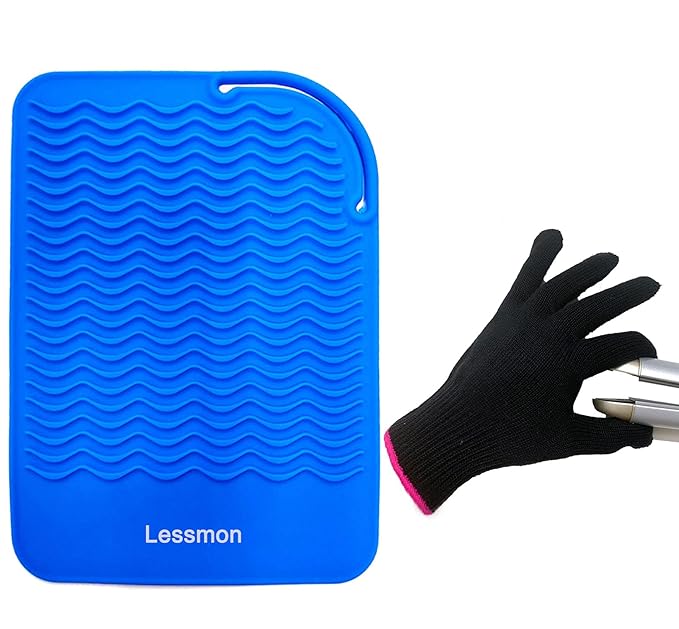 Heat Resistant Mat Pad and Heat Resistant Glove for Curling Irons, Hair Straightener, Flat Irons and Hair Styling Tools 9" x 6.5", Blue by Lessmon