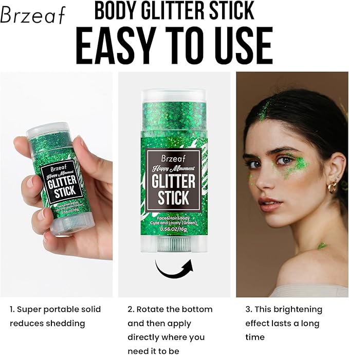 Brzeaf Waterproof Green Body Glitter Stick, Chunky Glitter for Face/Body/Hair/Eyes/Lip, Singer Concert Music Rave Festival, Glitter Stick Makeup & Face Glitter Gel for Women Men 0.56 OZ
