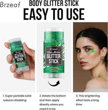 Brzeaf Waterproof Green Body Glitter Stick, Chunky Glitter for Face/Body/Hair/Eyes/Lip, Singer Concert Music Rave Festival, Glitter Stick Makeup & Face Glitter Gel for Women Men 0.56 OZ