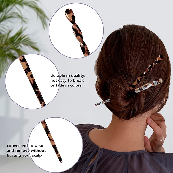 10 Pieces Acetate Hair Sticks Leopard Print Hair Pins, Tortoise Shell Hairpin Vintage Hair Chopsticks Retro Hairpins Disk, Hair Accessories for Women Girls (Elegant)