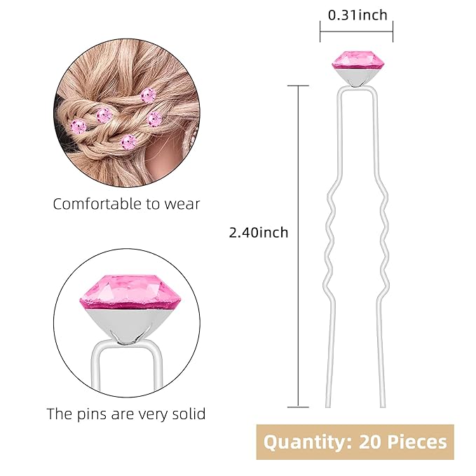 20 Pack (Pink) Rhinestone Hair Pins Crystal Hair Clips for Bridal Wedding Women Hair Jewelry Accessories, with Clear Container