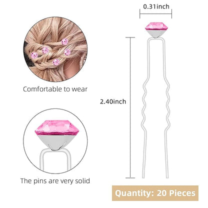 20 Pack (Pink) Rhinestone Hair Pins Crystal Hair Clips for Bridal Wedding Women Hair Jewelry Accessories, with Clear Container