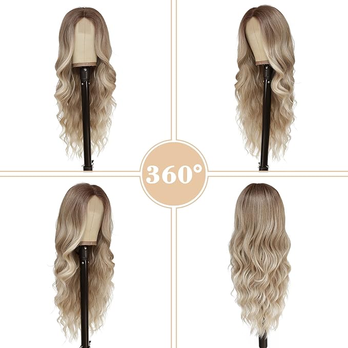 NAYOO Long Blonde Wavy Wig for Women - 26 Inch Middle Part Curly Synthetic Heat Resistant Fiber Wig for Daily Party Use (Ombre Blonde)
