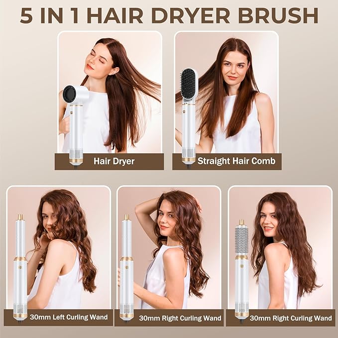 Blow Dryer Brush 5 in 1, Negative Ion Hair Dryer Brush Set Air Styler Curling Wrap Air Curler, Upgrade Hot Air Brush Curling Iron Hair Styling Tools As A Gift for Straight/Curl/Drying/Smoothing