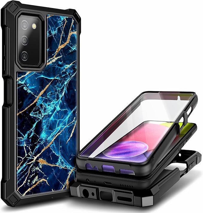 NZND Case for Samsung Galaxy A03S with [Built-in Screen Protector], Full-Body Protective Shockproof Rugged Bumper Cover, Impact Resist Phone Case (Marble Design Sapphire)