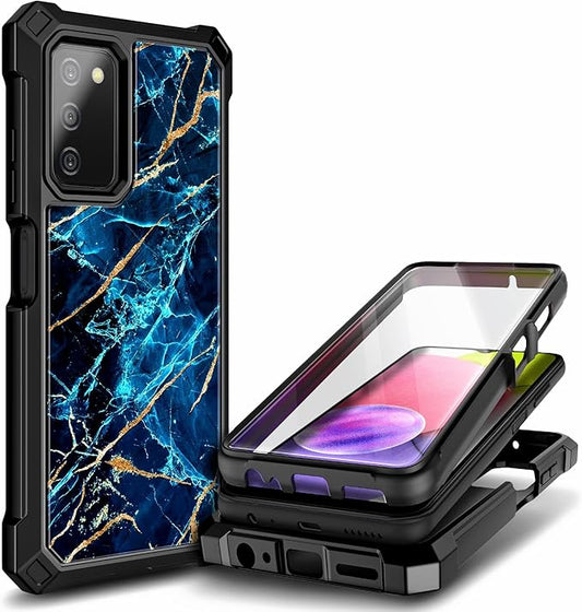 NZND Case for Samsung Galaxy A03S with [Built-in Screen Protector], Full-Body Protective Shockproof Rugged Bumper Cover, Impact Resist Phone Case (Marble Design Sapphire)