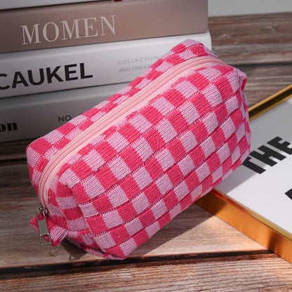 2 Pieces Makeup Bag Pouch Checkered Cosmetic Bag Pink Green, Travel Toiletry Bag Organizer Cute Makeup Brushes Storage Bag for Women