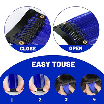 22 inch Colored Hair Extensions, Colorful Party Highlights Clip in Synthetic Hair Extensions for Girls Women Kids Favor Gift(10 PCS Blue)