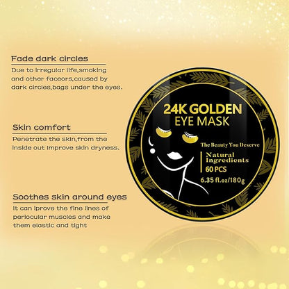 24k Gold Under Eye Patches, Eye Mask for Puffy Eyes Dark Circles Bags and Wrinkles, Moisturizing Fine Lines Under Eye Patches for Women (30 Pairs)