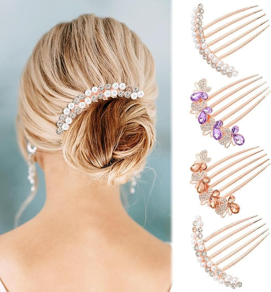4 Pcs Pearl Rhinestones Hair Accessories, Pearl Hair Side Combs Clip Crystal Rhinestone Hair Combs for Women and Girls, Decorative Combs for Wedding Party Daily (Rose Gold)