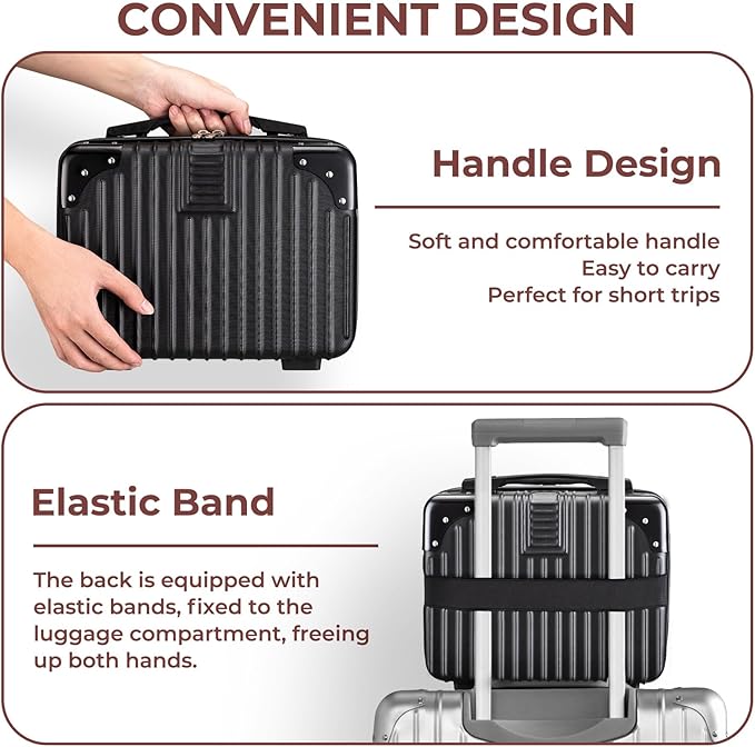 Noverlife 14 Inch Portable Hard Shell Cosmetic Travel Case, Mini Travel Hand Luggage with Elastic Band Travel Makeup Case, Small Makeup Carrying Suitcase for Train Cosmetic Bag Travel Camping - Black