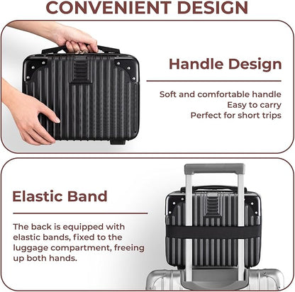 Noverlife 14 Inch Portable Hard Shell Cosmetic Travel Case, Mini Travel Hand Luggage with Elastic Band Travel Makeup Case, Small Makeup Carrying Suitcase for Train Cosmetic Bag Travel Camping - Black
