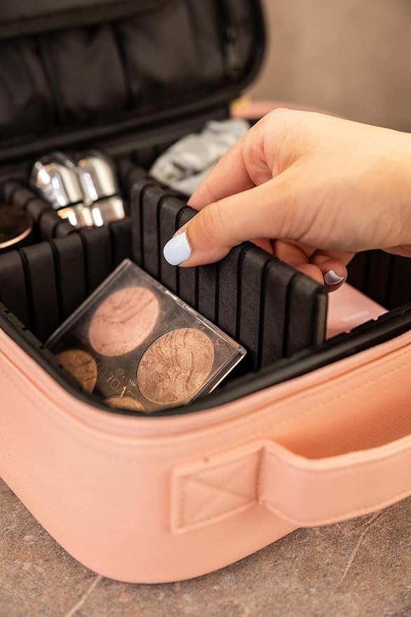 (Not Made In China) 2 Pack, Makeup Train Case, Cosmetic Travel Organizer For Professional Beauty Artist, Portable Storage Bag W/Adjustable Dividers For Jewelry and Brushes (Pink, Small)