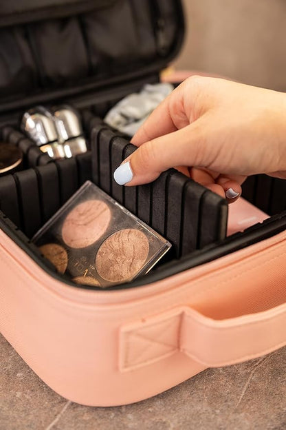 (Not Made In China) 2 Pack, Makeup Train Case, Cosmetic Travel Organizer For Professional Beauty Artist, Portable Storage Bag W/Adjustable Dividers For Jewelry and Brushes (Pink, Small)