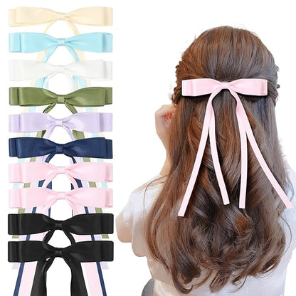 10 PCS Satin Hair Accessories: Double Hair Ribbon Ponytail Holders, Metal Hair Clips and Bows for Women and Girls in Black and White