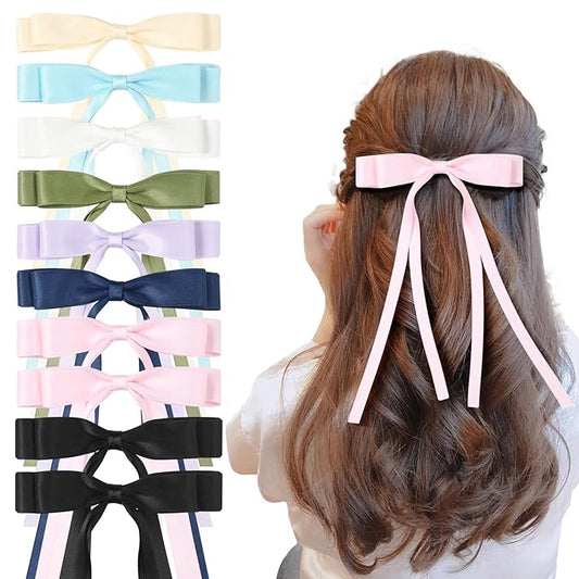10 PCS Satin Hair Accessories: Double Hair Ribbon Ponytail Holders, Metal Hair Clips and Bows for Women and Girls in Black and White