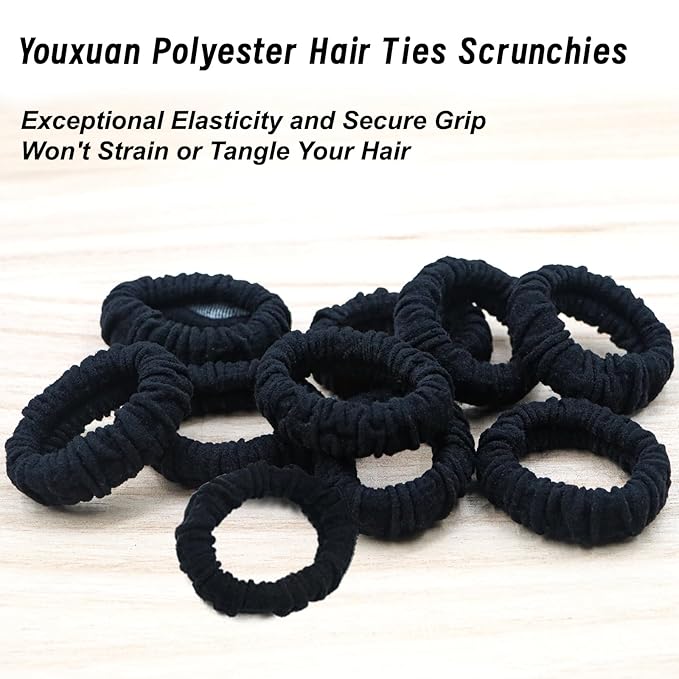 No Damage Soft Polyester Hair Ties, No Tug Scrunchies Hair Bands with Strong Elasticity – Black