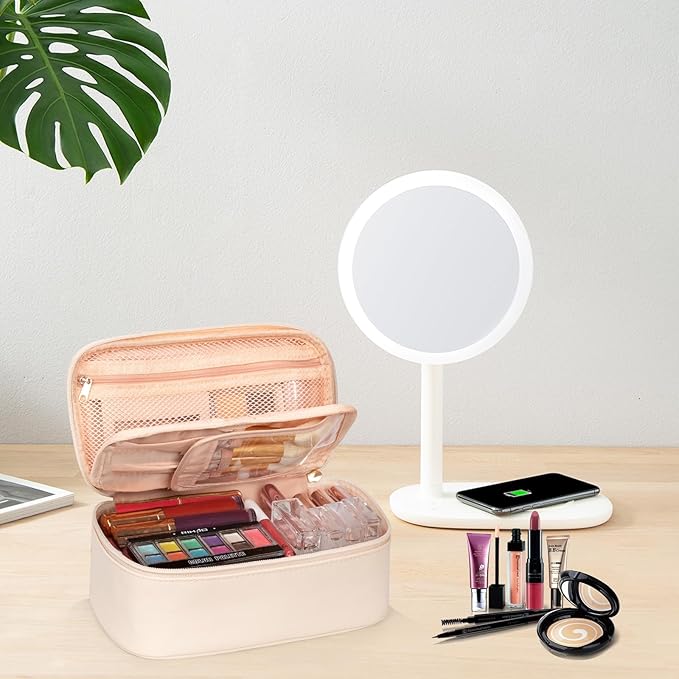 OCHEAL Small Makeup Bag,Portable Cute Makeup Pouch Travel Bag for Women and Girls with Makeup Brush Compartment Organizer cosmetics Bags-Beige