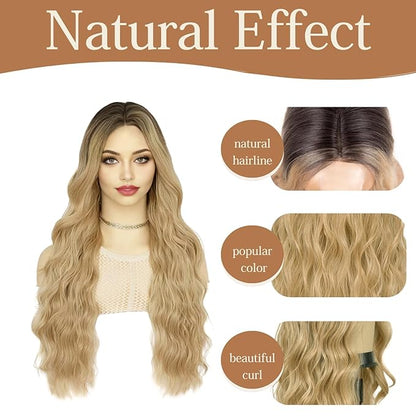 26 inch Lace Hairline Long Ombre Blonde Wigs for Women, Middle Part Long Curly Wig Heat Resistant Synthetic Hair Looking Natural, Fiber Wig for Daily Party Use