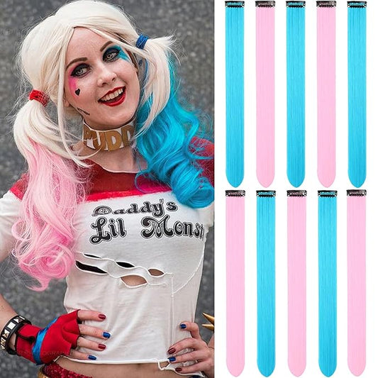 22 Inch Colored Hair Extensions 10 PCS, Colorful Party Highlights Clip in Synthetic Hair Extensions, Sky Blue/Light Pink Hairpieces for Girls Women Kids Doll Party Cosplay Gifts