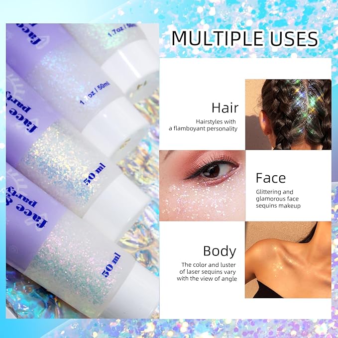 DAGEDA Body Glitter Gel, Holographic Face Glitters Body Gel Shimmer Liquid Eyeshadow, Color Changing Glitter for Face Hair Nails, Glitter Under Light Festival Glitter Makeup 1.7oz (Neno Pink)