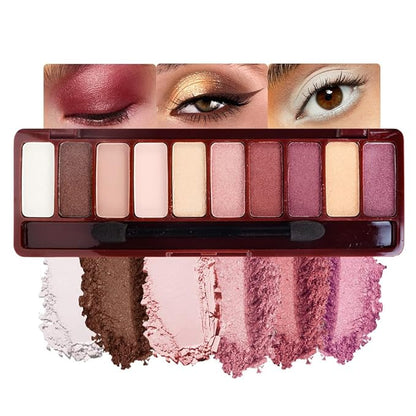 Ten-Color Eyeshadow Palette, White Brown Gold Nude Rose Gold Skin Wine Red 10 Shimmer and Matte Shades Blendable, Wine Party Eye Makeup, Vegan and Cruelty-Free, Built-In Mirror and Brush, 06#