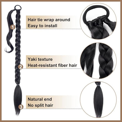 2 Pack Long DIY Braided Ponytail Extension with Hair Tie Straight Wrap Around Hair Extensions Ponytail(2#)