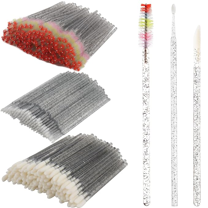300 PCS Eyelash Extension Supplies Kit, Disposable Micro Swab, Crystal Eyebrow Spoolie Lash Brush, Lip Brush, Mascara Wand Applicatorr(colorful+black)