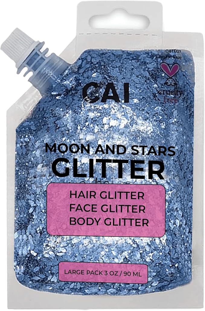 Hair Glitter Gel Body Glitter & Face Glitter for Women/Kids (1 Pk Blue) Chunky Iridescent Holograph Stars & Moon 3 oz | Cosmetic-Grade Makeup, Apply Without Glue, Easy to Take Off & Keep Skin Clean