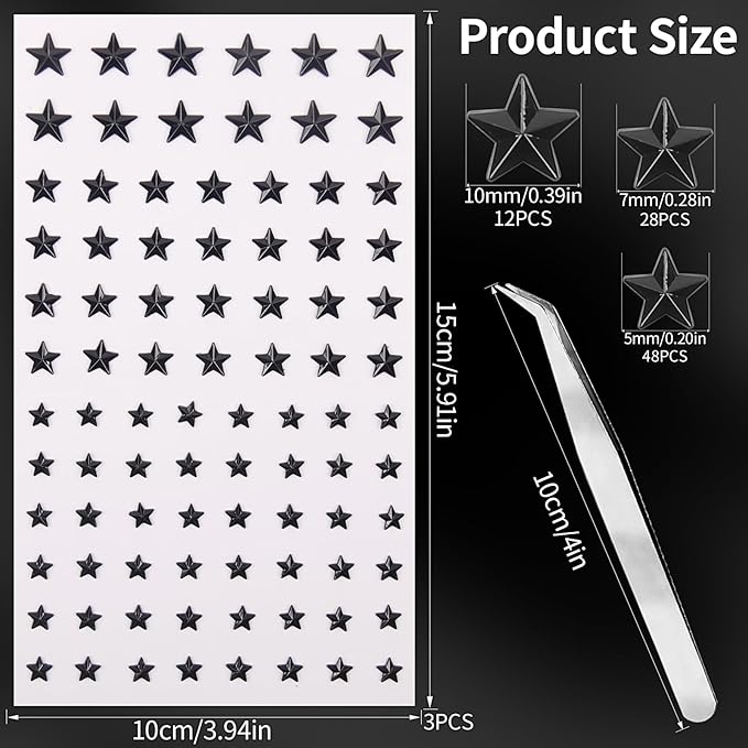 264Pcs Star Face Gems Eye Gems, Self-Adhesive Face Jewels Rhinestones 5/7/10 mm DIY Face Gems Stick on, Patriotic Makeup Gems Rave Accessories for Face Eyes Hair Makeup Body, Crafts (Black-Star)