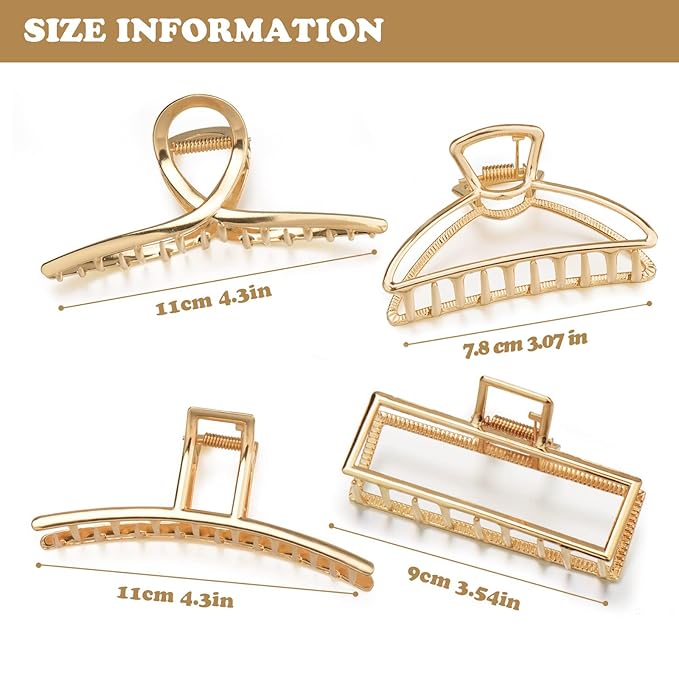 4 Pack Large Metal Hair Clips for Thin to Thick Curly Hair, 4.3 Inch Big Nonslip Gold Color Clamps, Perfect Fashion Jaw Claw Hair Styling Accessories for Women and Girls, Christmas Gifts