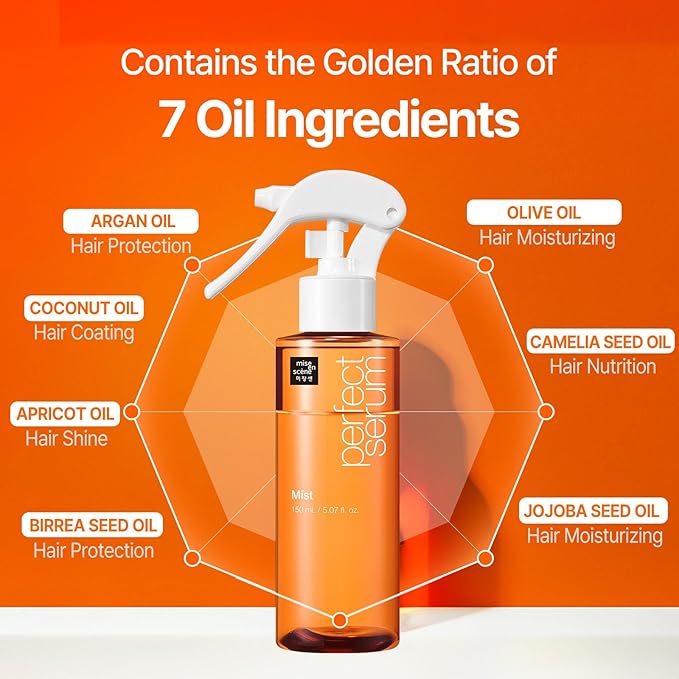 Mise En Scene Hair Mist by Perfect Serum | Non greasy Leave-In Conditioner for 2 Way Use, Golden Moroccan Argan Oil, Nourishing 7 Oils, Chemical-Free Formula, 5.07 Fl. Oz.(150ml)