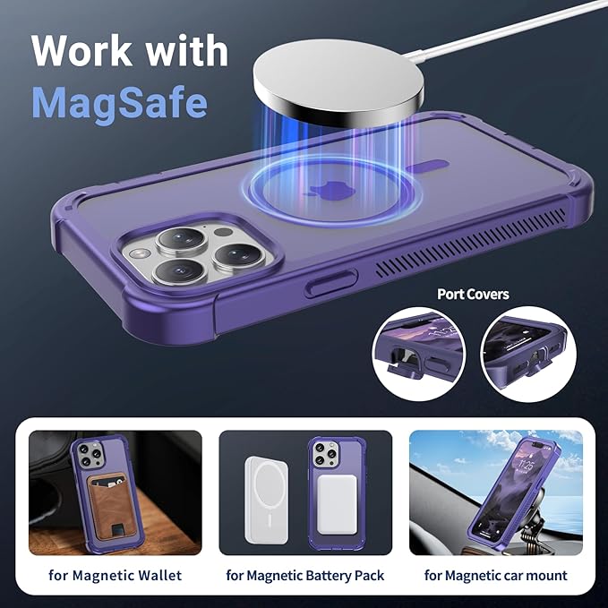 for iPhone 13 Pro Max case, with [Compatible with MagSafe][Military Grade Drop Protection][Heavy Duty Protection][Non-Slip][Shockproof] with 2-Layer Durable Bumper Phone Case 6.7''-Dark Purple