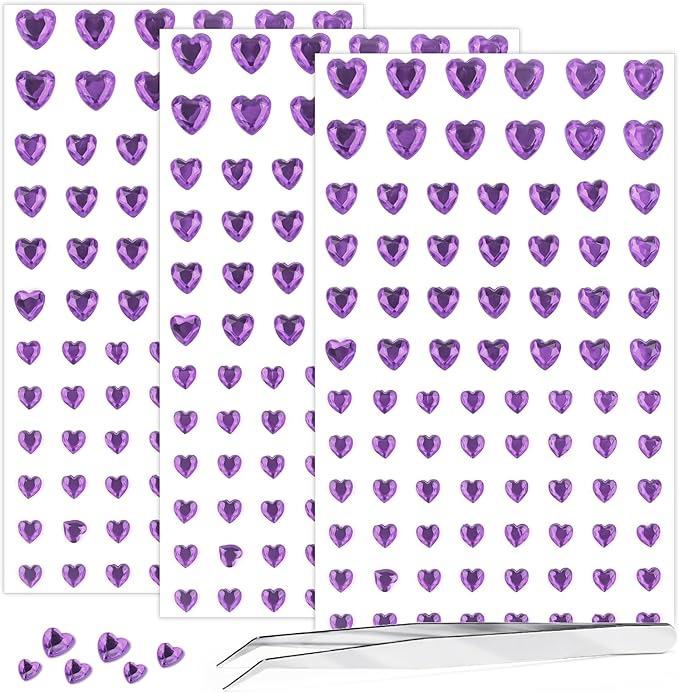 264Pcs Heart Face Gems Love Gems, Self-Adhesive Face Jewels Rhinestones 5/7/10 mm DIY Face Gems Stick on, Valentine Makeup Gems Rave Accessories for Face Eyes Hair Makeup Body, Crafts (Purple)