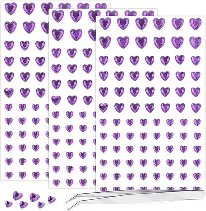 264Pcs Heart Face Gems Love Gems, Self-Adhesive Face Jewels Rhinestones 5/7/10 mm DIY Face Gems Stick on, Valentine Makeup Gems Rave Accessories for Face Eyes Hair Makeup Body, Crafts (Purple)