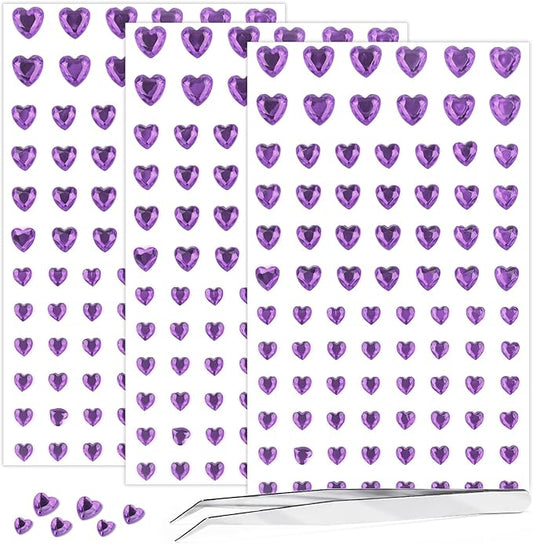 264Pcs Heart Face Gems Love Gems, Self-Adhesive Face Jewels Rhinestones 5/7/10 mm DIY Face Gems Stick on, Valentine Makeup Gems Rave Accessories for Face Eyes Hair Makeup Body, Crafts (Purple)