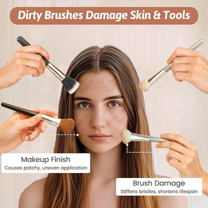 3 in 1 Makeup Brush Cleaner Bowl and Dryer, Silicone Simply Makeup Brush Cleaner Mat, Waterproof Makeup Brush Holder with Lid, Cosmetic Tools Organizer (Khaki)