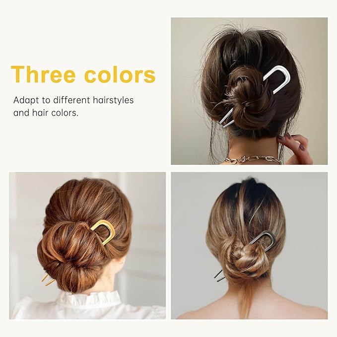 3 Pcs French Hair Pin for Women, 5.5 Inch Metal U-Shaped Hair Clip for Thick Hair, Hair Pins Suitable for Different Hairstyles (Black, Gold, Silver)