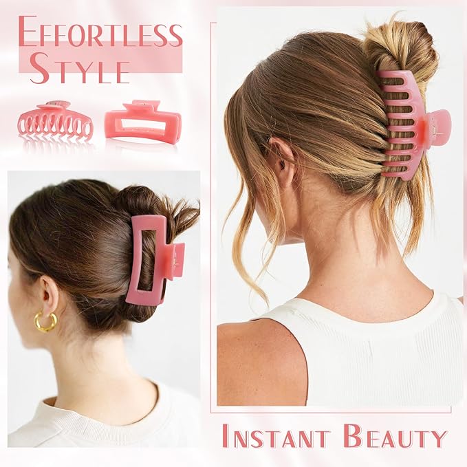 TOCESS 4.33 Inch 8 Pack Jumbo Claw Clips for Thick Hair Women, Non-Slip Matte Black & Bright Jelly Pink Large Rectangle Hair Clamps for Girls with Wavy or Curly Hair in Vacation, Gym, or Home