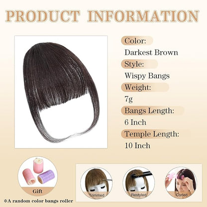 NAYOO Bangs Hair Clip in Bangs 100% Real Human Hair Extensions Wispy Bangs Clip on Air Bangs for Women Hairpieces Curved Bangs (2# darkest brown, Wispy Bangs)