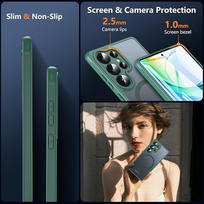 OWKEY Samsung Galaxy S25 Ultra Case 6.86'', Magnetic S25 Ultra Case for Magsafe with Tempered Glass Screen, [Shockproof Military] Translucent Back Slim Bumper Cover Phone Case Galaxy S25 Ultra, Green