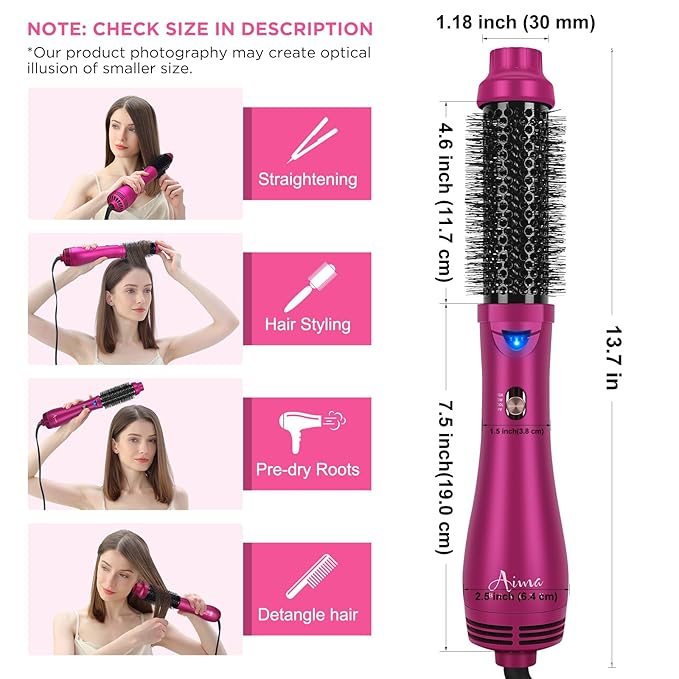 Aima Beauty One Step Hair Dryer & Volumizing Hot Air Brush, Ceramic Straightener Brush, Curler & Hot Comb 4 in 1 Salon Ionic Hair Brush, Rose Pink