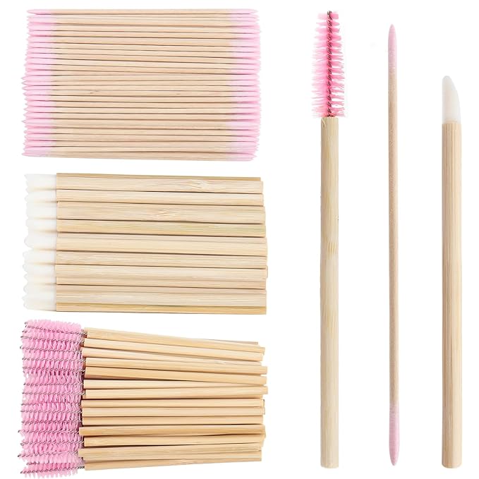 300 pcs Eyelash Extension Supply Kits 200pcs Disposable Double pointed head Wooden Micro Swab Brush 50pcs Eyebrow Spoolie 50pcs Lip Brush Mascara Wand Applicator Eyelashes Tool (Bamboo pink kits)