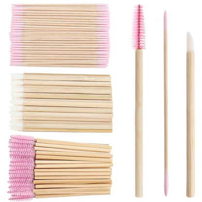300 pcs Eyelash Extension Supply Kits 200pcs Disposable Double pointed head Wooden Micro Swab Brush 50pcs Eyebrow Spoolie 50pcs Lip Brush Mascara Wand Applicator Eyelashes Tool (Bamboo pink kits)