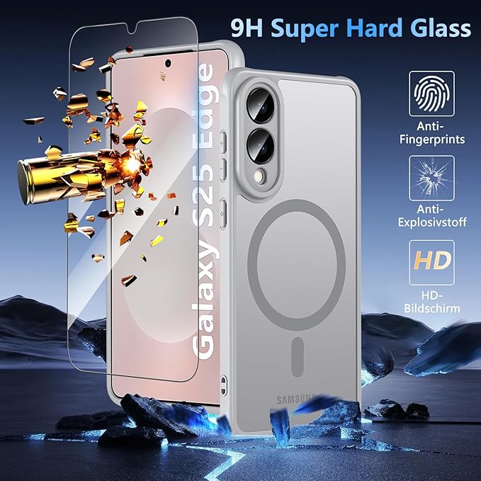 OWKEY for Samsung Galaxy S25 Edge Case 6.65'',Magnetic S25 Edge Case for Magsafe with Tempered Glass Screen, [Shockproof Military] Translucent Back Slim Bumper Cover Phone Case Galaxy s25 Edge,Gray