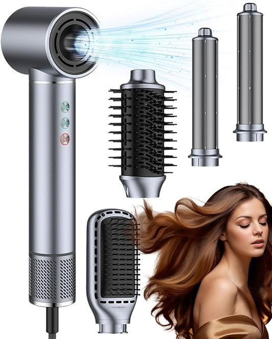 5 in 1 Hot air Blow Dryer Brush Hair Dryer Curling Wand Volumizing Brush Straightening Brush Blow Dryer Brush - Rapid Drying, Volume Boost, Ionic Smoothing, 110k RPM Motor（Steel Blue）